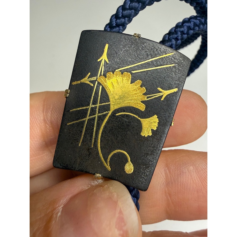 Japanese Zogan Damascene Bolo Tie 20K Gold Filled Ginkgo Leaf Navy Blue Cord